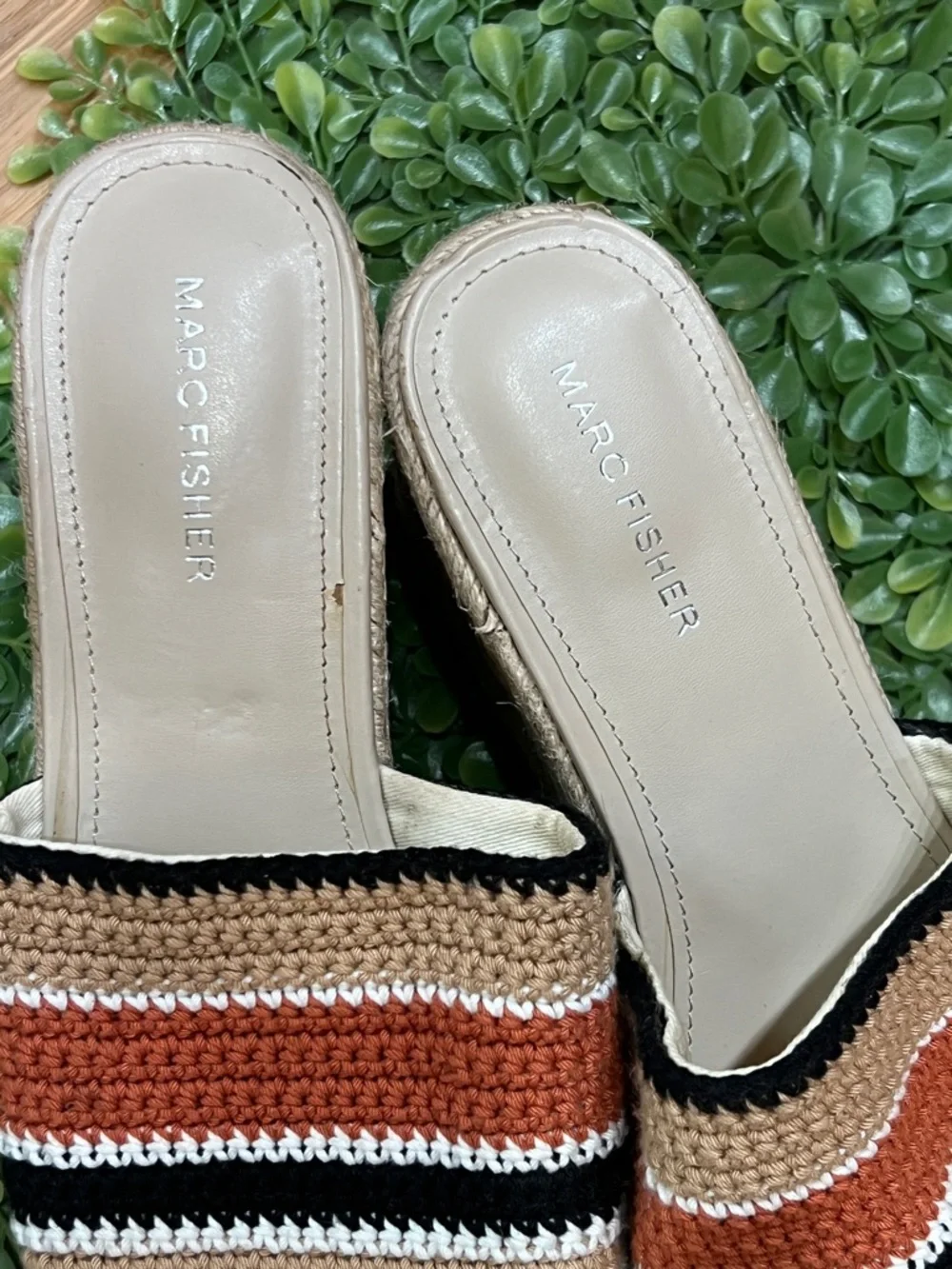 Marc Fisher Striped Woven Platform Slide Sandals - Tan/Black/White/Rust